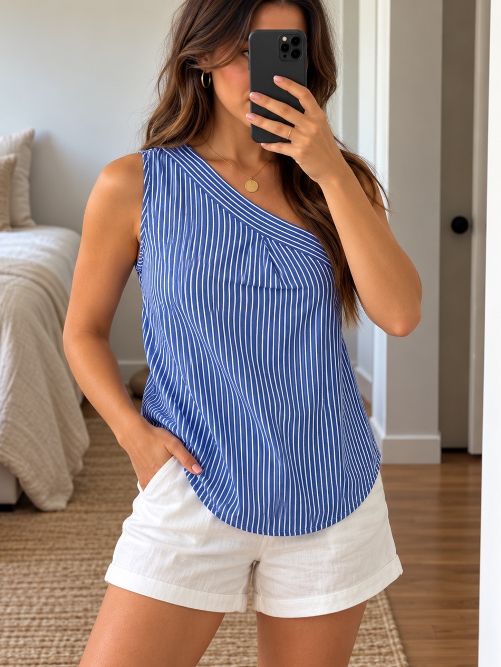 Banana Republic Blue White Striped One Shoulder Top XS Coastal Preppy